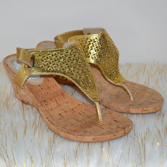 Sparkly Gold Cork Wedge Thong Sandals - Picture 1 of 5